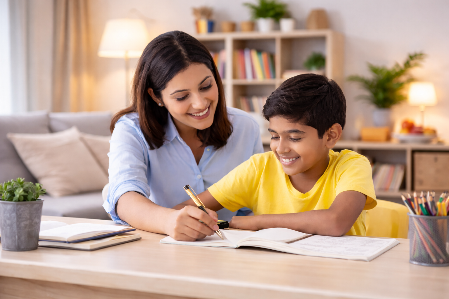 Lady tutor teaching one student at home